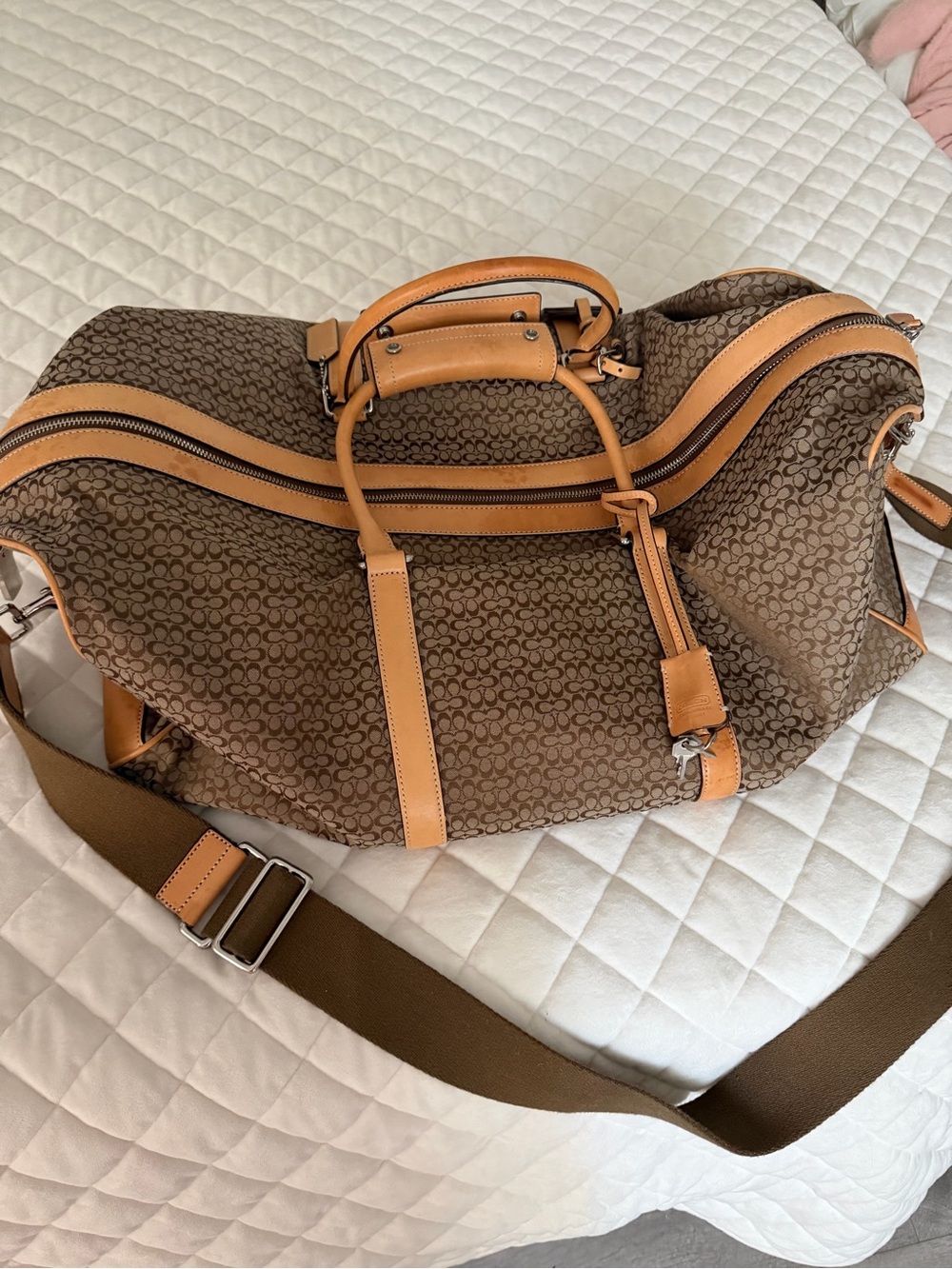 Coach Brown Signature Canvas Duffel with Tan Leather Accents